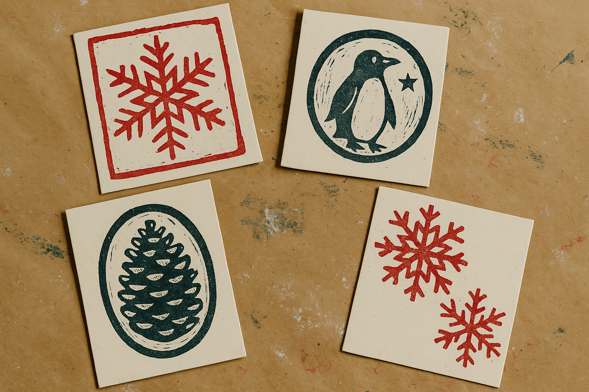 Four handmade block-printed holiday cards on kraft paper, featuring red snowflakes, a black pinecone, and a penguin with a star.